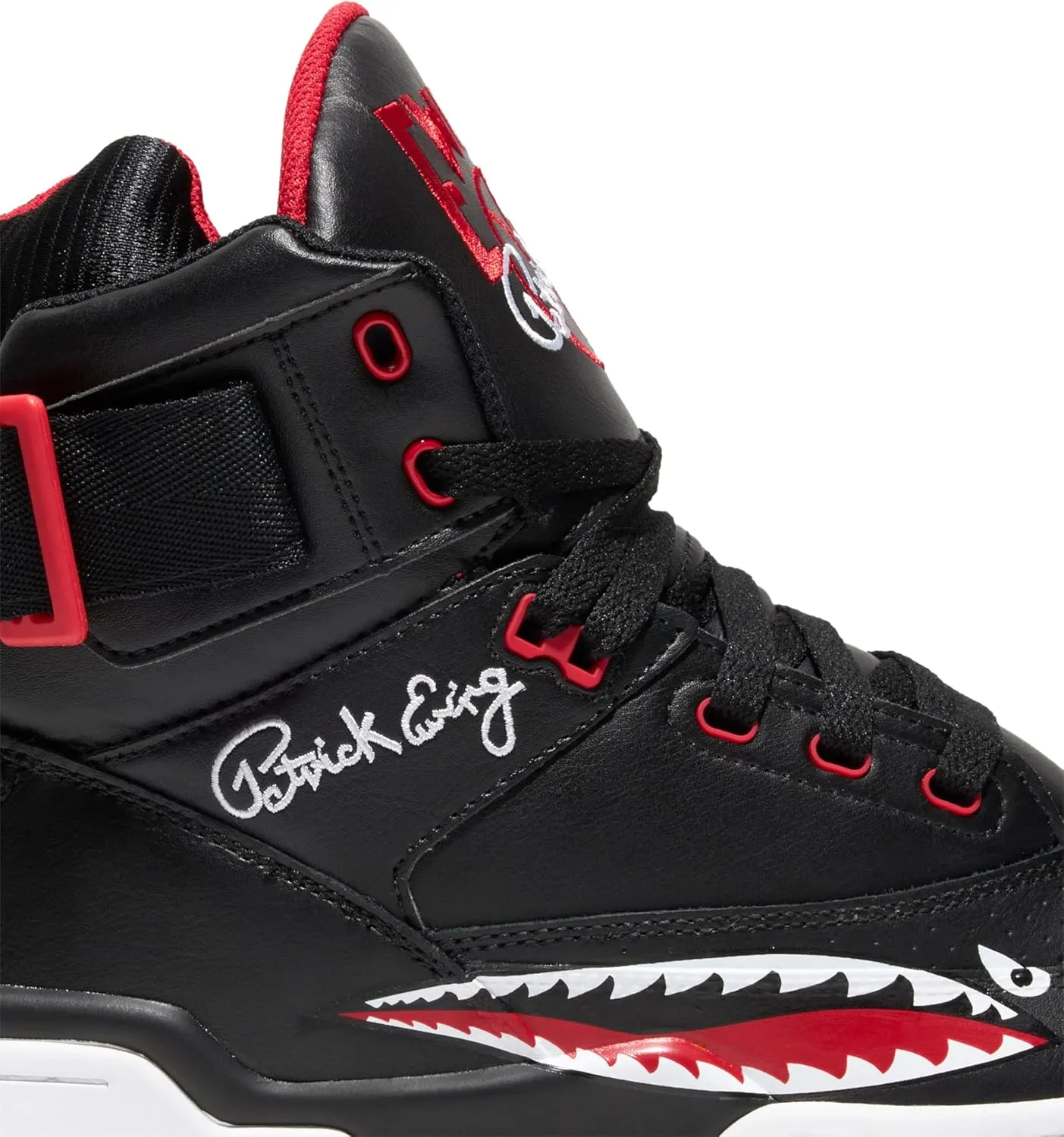Ewing PATRICK ATHLETICS 33 HI Black/Red/White SHARK – Retro 1990 Basketball Sneaker with Reversible Strap, Leather & Nubuck Upper, PU Midsole, Rubber Outsole
