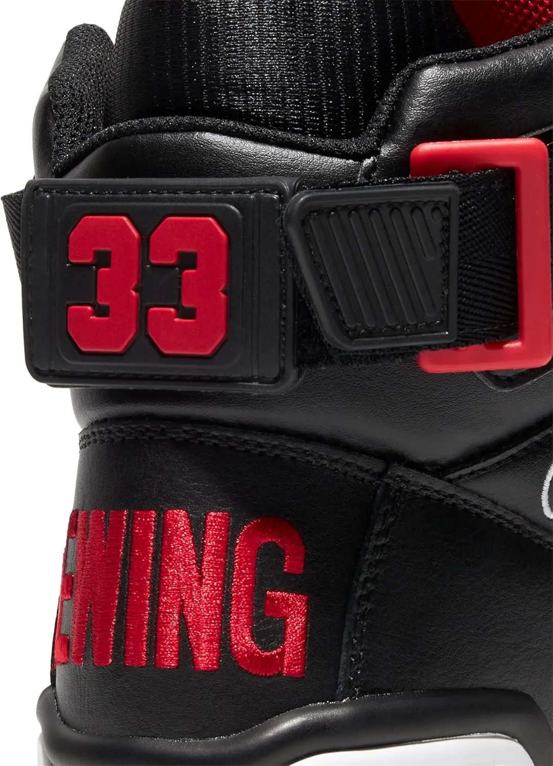 Ewing PATRICK ATHLETICS 33 HI Black/Red/White SHARK – Retro 1990 Basketball Sneaker with Reversible Strap, Leather & Nubuck Upper, PU Midsole, Rubber Outsole