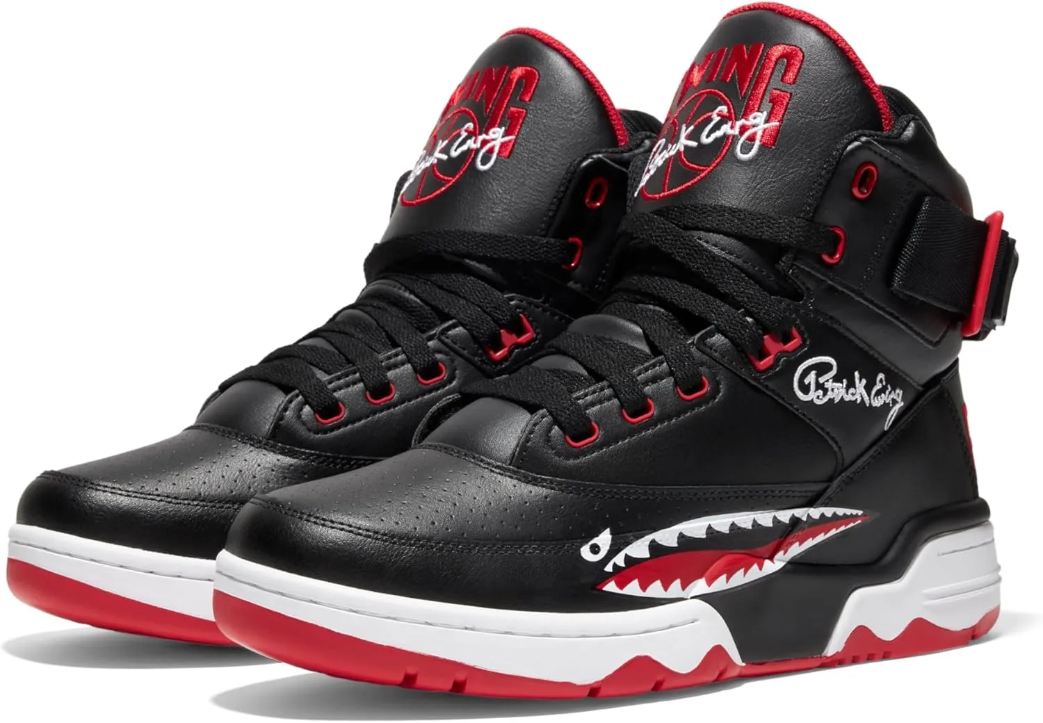 Ewing PATRICK ATHLETICS 33 HI Black/Red/White SHARK – Retro 1990 Basketball Sneaker with Reversible Strap, Leather & Nubuck Upper, PU Midsole, Rubber Outsole