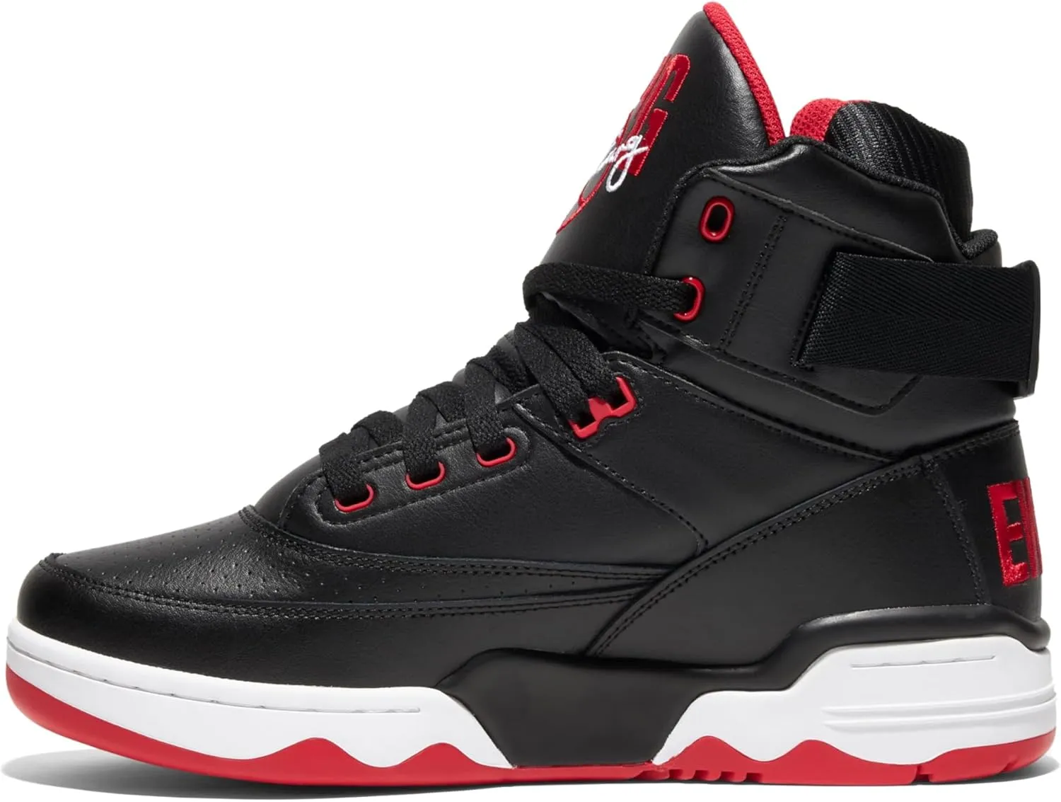 Ewing PATRICK ATHLETICS 33 HI Black/Red/White SHARK – Retro 1990 Basketball Sneaker with Reversible Strap, Leather & Nubuck Upper, PU Midsole, Rubber Outsole