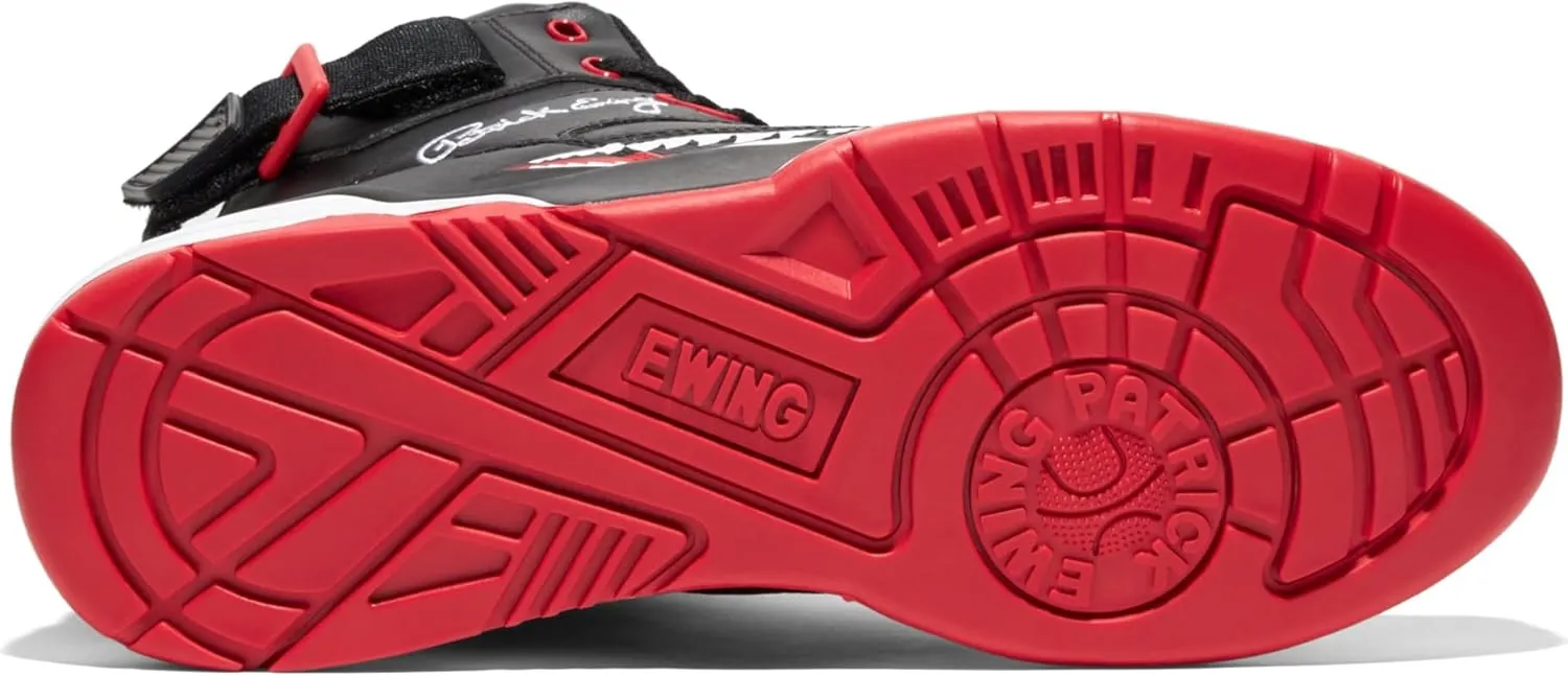 Ewing PATRICK ATHLETICS 33 HI Black/Red/White SHARK – Retro 1990 Basketball Sneaker with Reversible Strap, Leather & Nubuck Upper, PU Midsole, Rubber Outsole