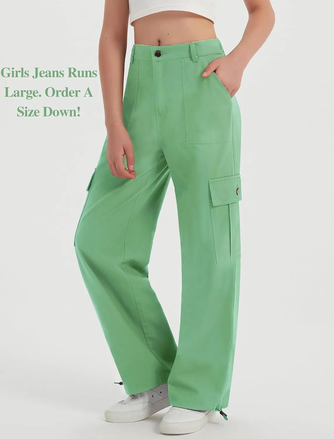 EXARUS Girls Jeans Cargo Pants Baggy Wide Leg High Elastic Waistband Kids Straight Denim Pant with Pockets Youth 8-14Y