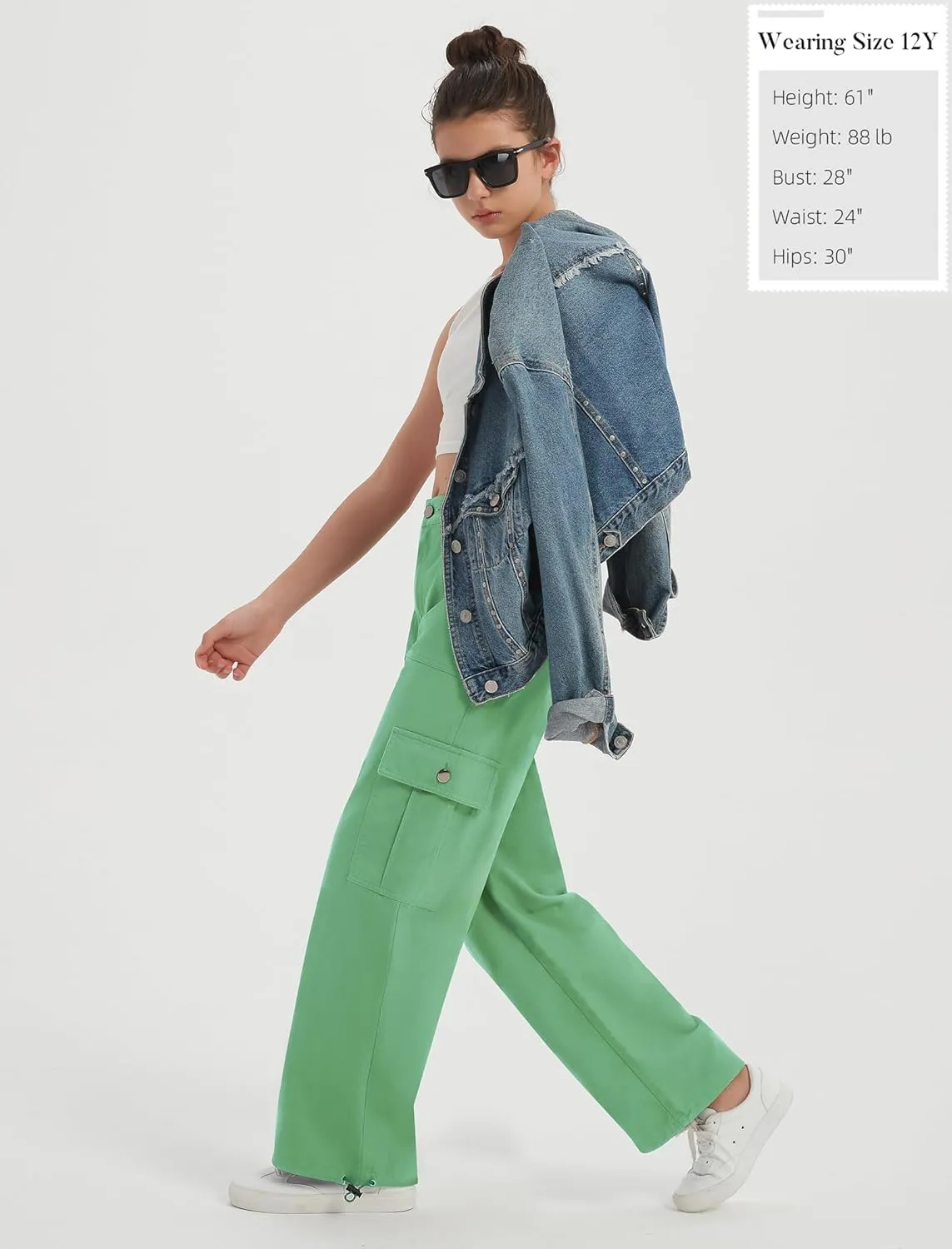 EXARUS Girls Jeans Cargo Pants Baggy Wide Leg High Elastic Waistband Kids Straight Denim Pant with Pockets Youth 8-14Y