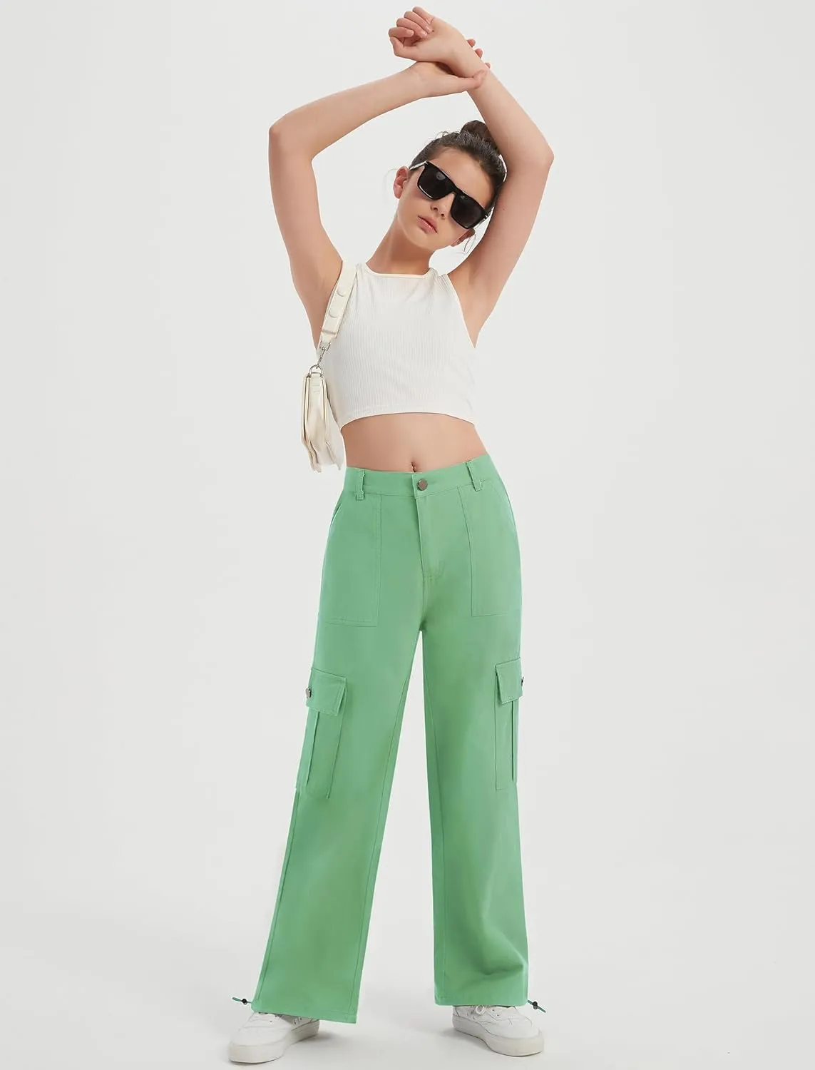 EXARUS Girls Jeans Cargo Pants Baggy Wide Leg High Elastic Waistband Kids Straight Denim Pant with Pockets Youth 8-14Y