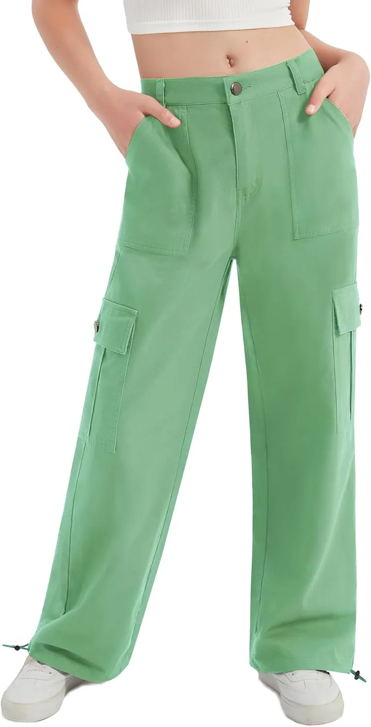 EXARUS Girls Jeans Cargo Pants Baggy Wide Leg High Elastic Waistband Kids Straight Denim Pant with Pockets Youth 8-14Y