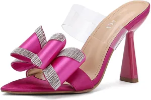 Fashion Women Chunky Heel Rhinestone Bow Mules Sandals Clear Pointed Open Toe Sandals
