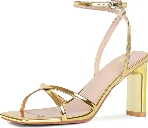FIFSY Women's Sandals Ankle Strap High Heel Sexy Strappy Sandals Open Toe Heels 3 in Inch Square Toe Heeled Pumps Sandals for Women