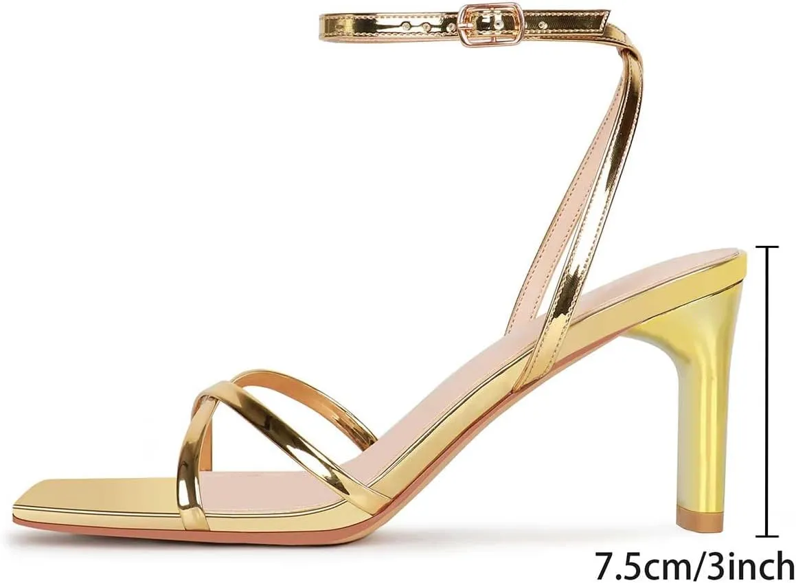 FIFSY Women's Sandals Ankle Strap High Heel Sexy Strappy Sandals Open Toe Heels 3 in Inch Square Toe Heeled Pumps Sandals for Women