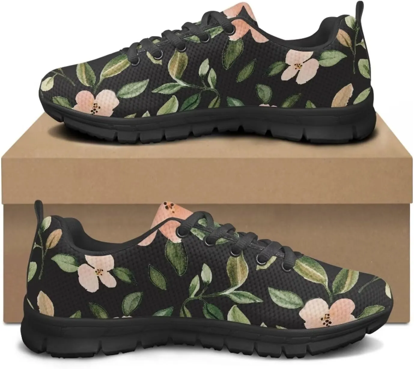 Floral Work Non-Slip Sneakers Low Top Casual Shoes Women Lightweight Breathable Mesh Shoes for Party Size 5-12 Black Sole