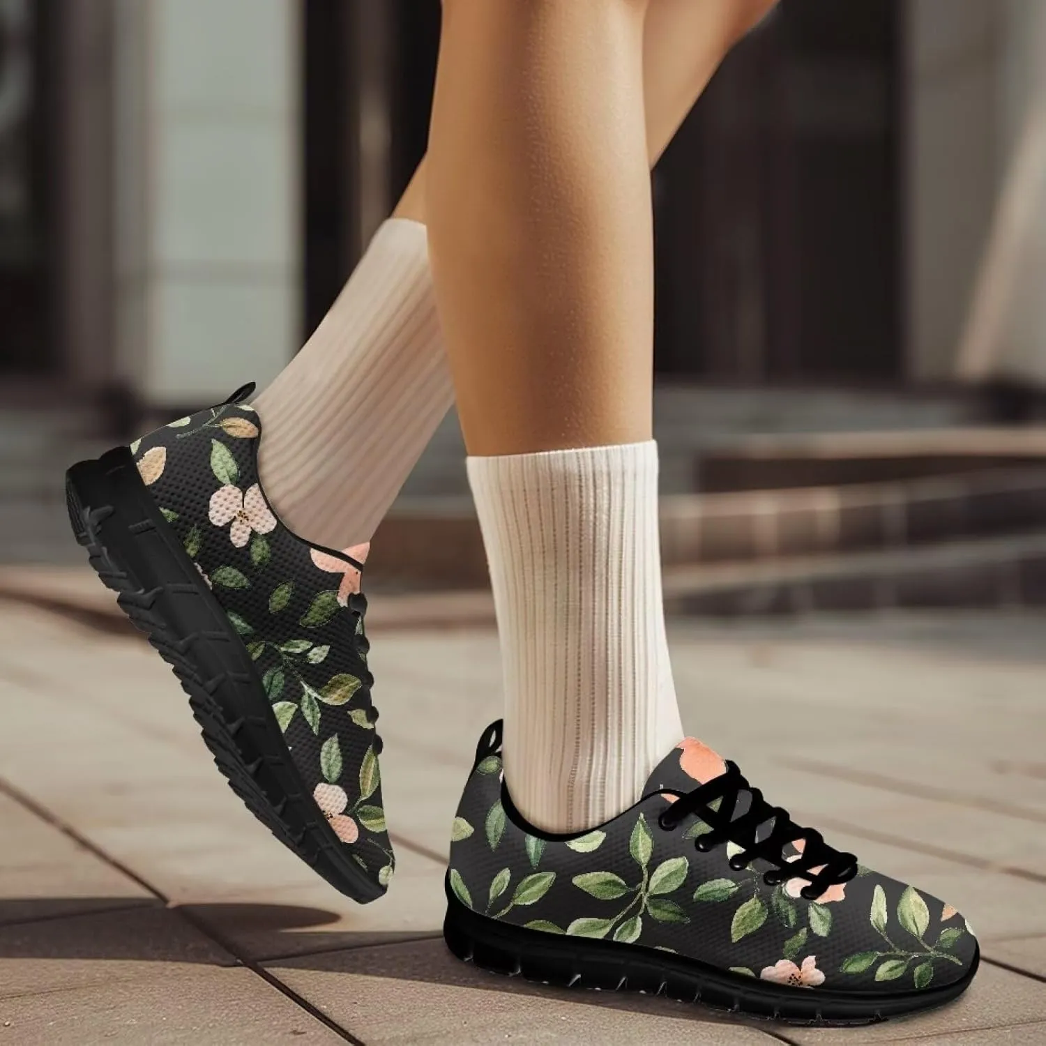 Floral Work Non-Slip Sneakers Low Top Casual Shoes Women Lightweight Breathable Mesh Shoes for Party Size 5-12 Black Sole