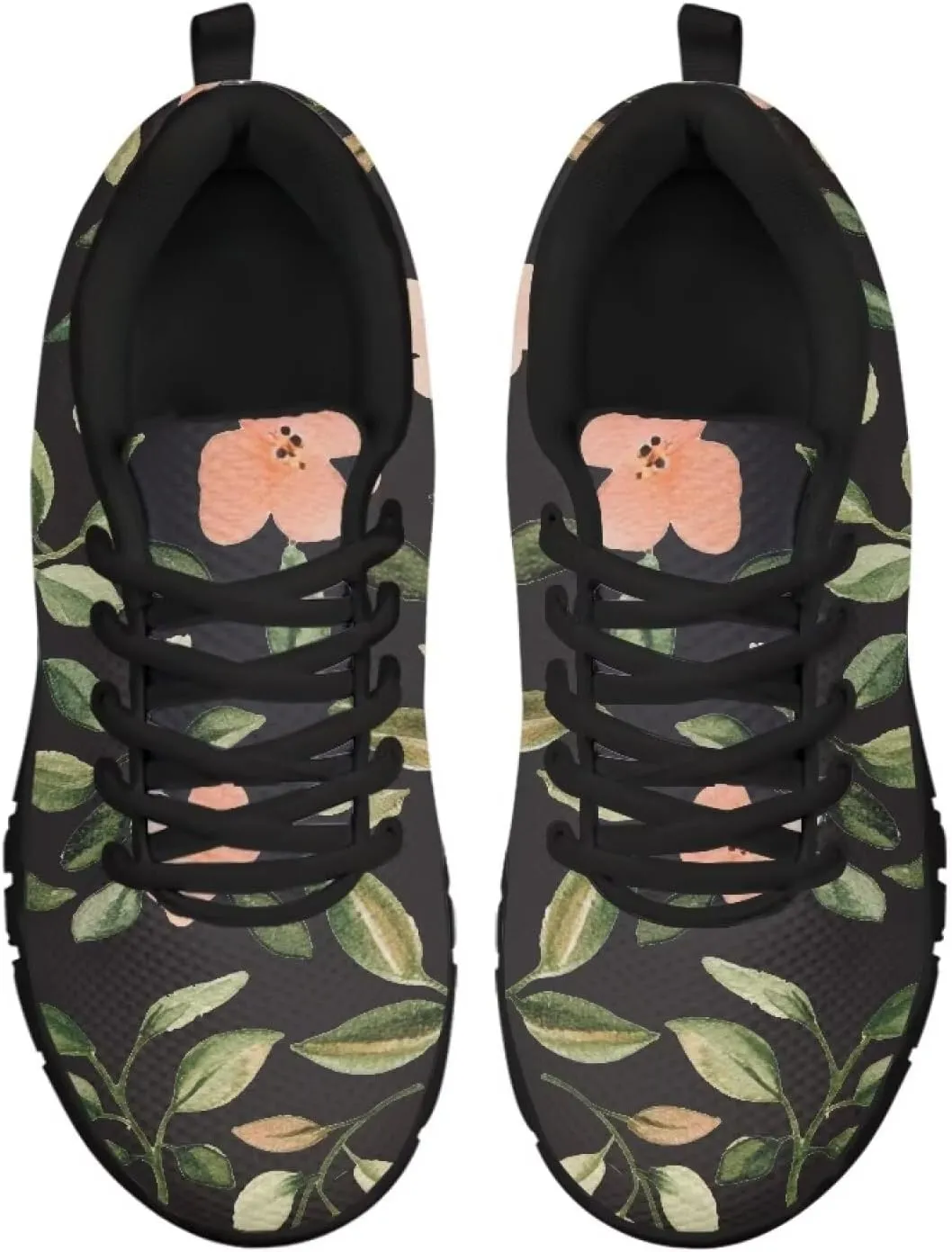 Floral Work Non-Slip Sneakers Low Top Casual Shoes Women Lightweight Breathable Mesh Shoes for Party Size 5-12 Black Sole