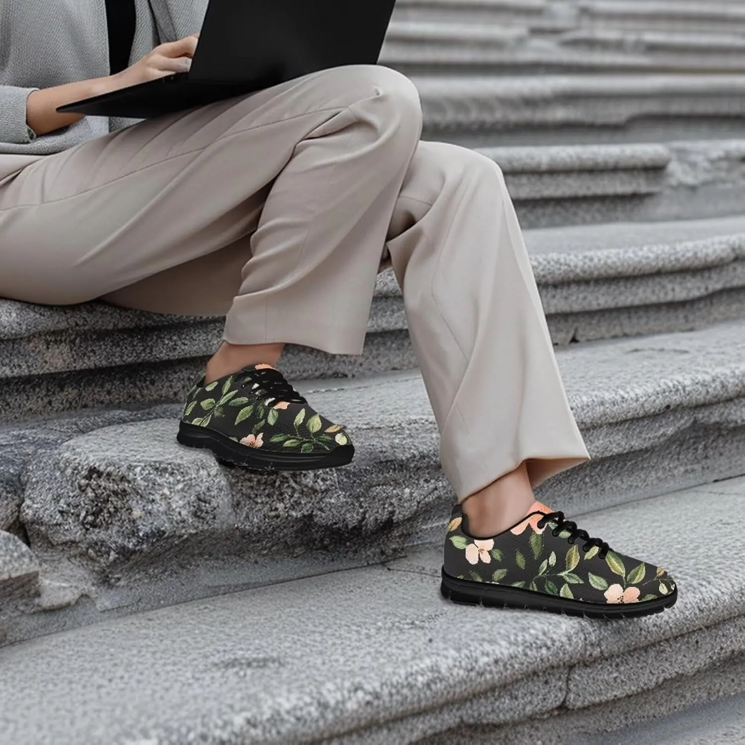 Floral Work Non-Slip Sneakers Low Top Casual Shoes Women Lightweight Breathable Mesh Shoes for Party Size 5-12 Black Sole