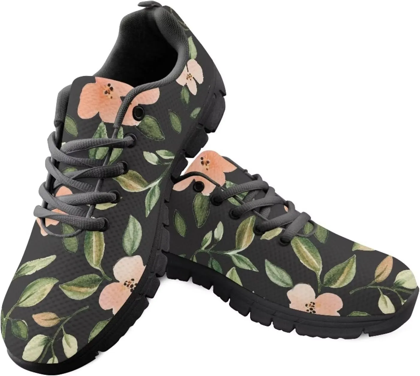 Floral Work Non-Slip Sneakers Low Top Casual Shoes Women Lightweight Breathable Mesh Shoes for Party Size 5-12 Black Sole