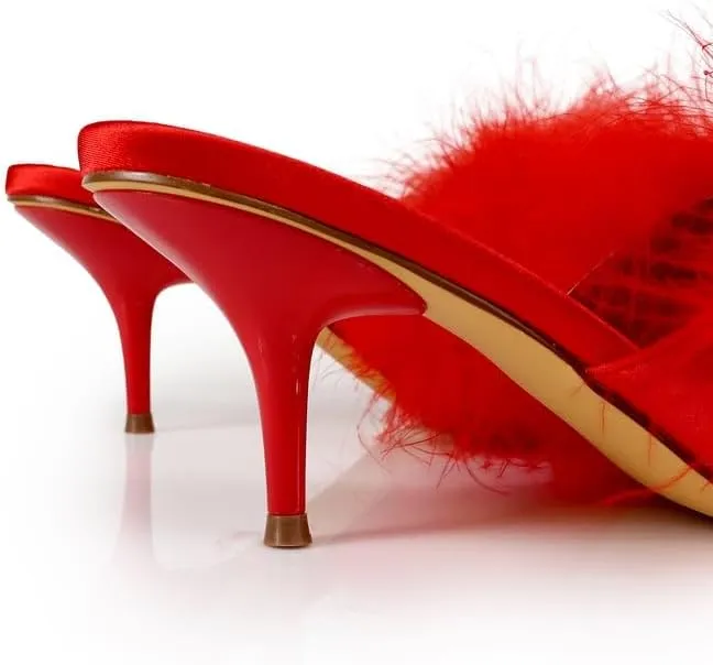 FREDERICK'S OF HOLLYWOOD Open Round Toe Ostrich Feather Kitten Heel - Elegant Women's Sandals with Feather Detail, Chic Summer Footwear, FOH-LUXOR
