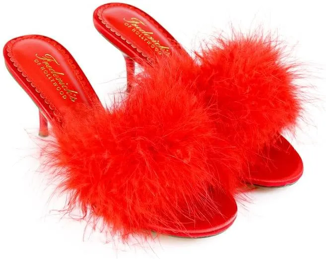 FREDERICK'S OF HOLLYWOOD Open Round Toe Ostrich Feather Kitten Heel - Elegant Women's Sandals with Feather Detail, Chic Summer Footwear, FOH-LUXOR