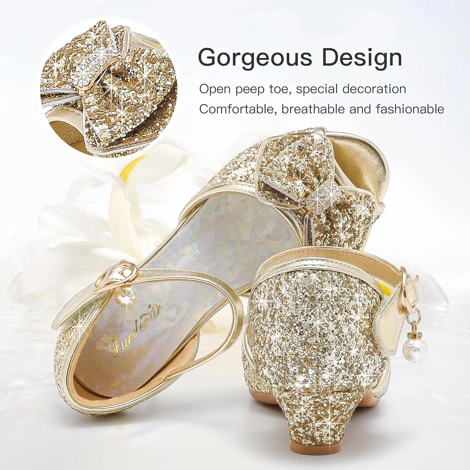 Furdeour Girls Dress Shoes Flower Girl Shoes Low Heels Open Toe Wedding Party School Toddler Little Big Kid