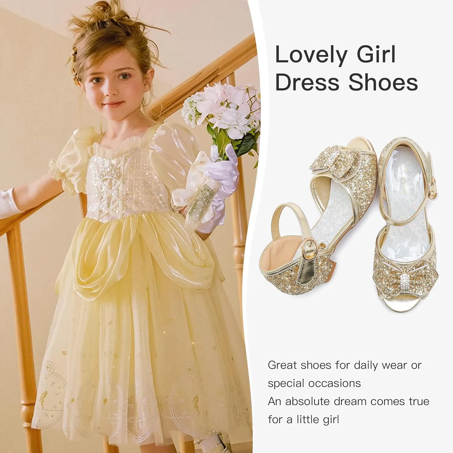 Furdeour Girls Dress Shoes Flower Girl Shoes Low Heels Open Toe Wedding Party School Toddler Little Big Kid