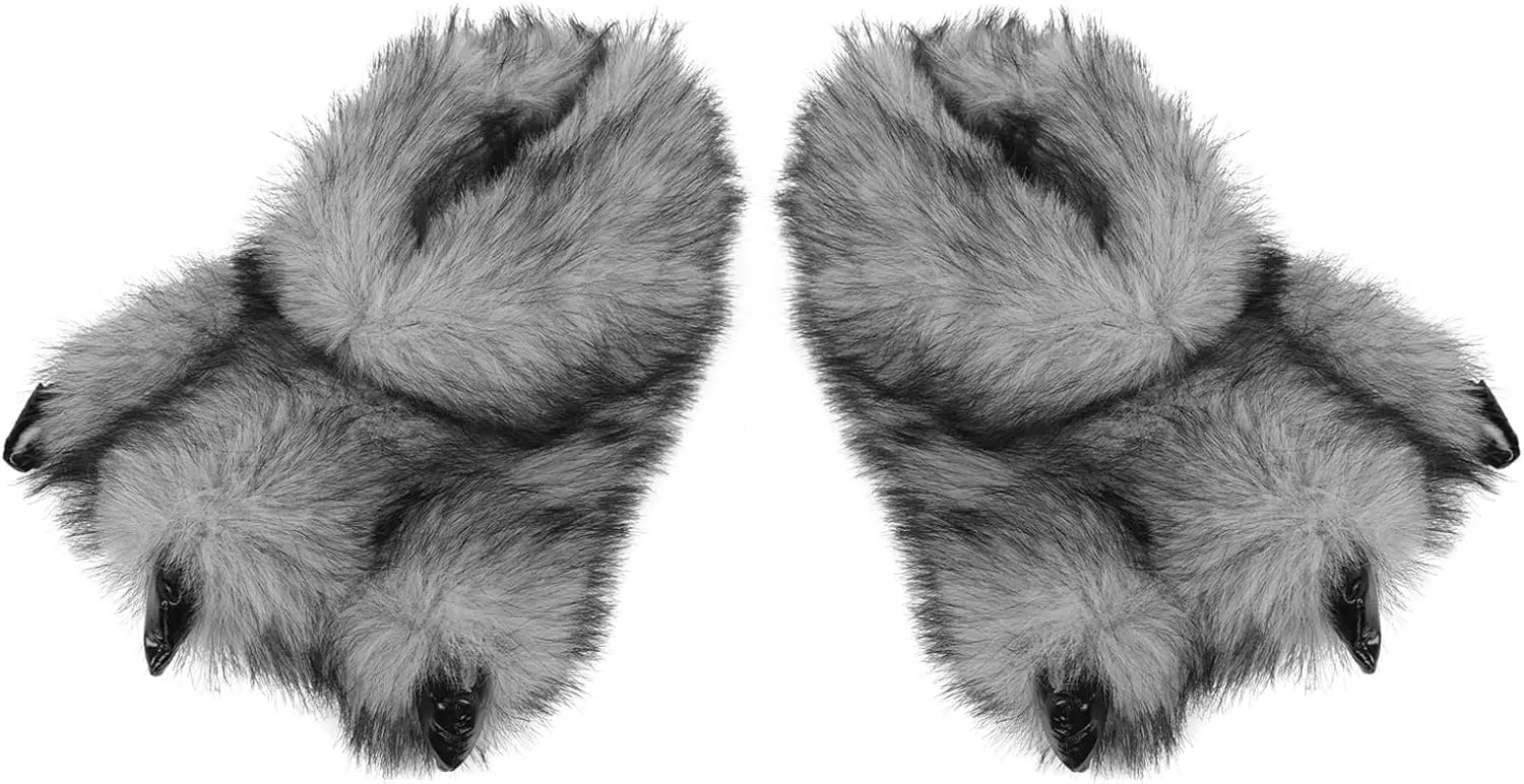 Fuzzy Faux Fur Claw Slippers Men Women Teens Animal Bear Wolf Dinosaur Paw Slippers Ankle Boots Halloween Costume Footwear Winter Thermal Padded Indoor Slip-On Slippers Shoes Foot Warmer