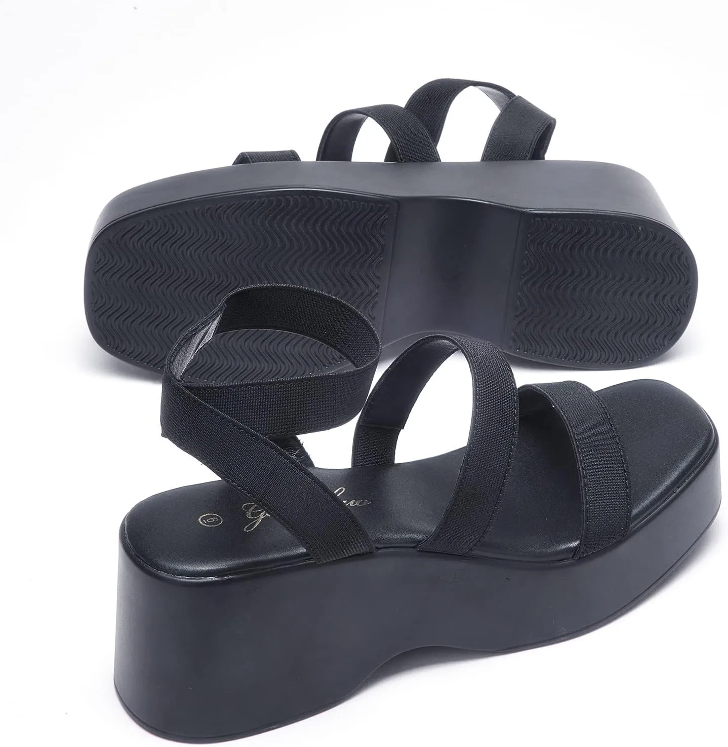 GENSHUO Women's Platform Open Toe Ankle Strap Casual Elastic Strap Flatform Wedge Sandals