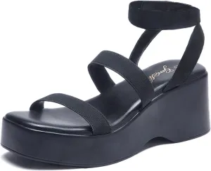 GENSHUO Women's Platform Open Toe Ankle Strap Casual Elastic Strap Flatform Wedge Sandals