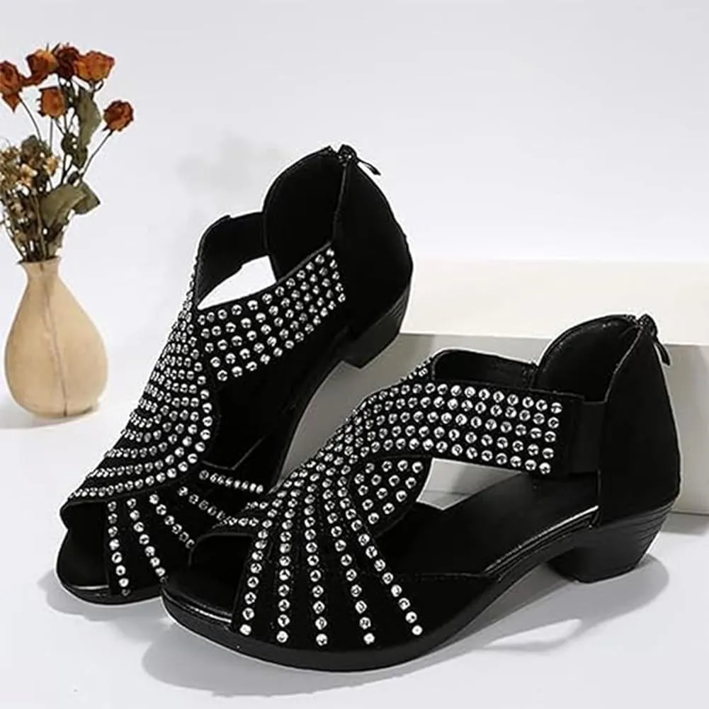 Glow Step Orthopedic Low Heel Cut-Out Sandals, Sparkly Rhinestone Sandals For Women, Open Toe Fashion Dress Shoes
