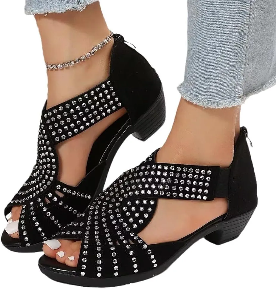 Glow Step Orthopedic Low Heel Cut-Out Sandals, Sparkly Rhinestone Sandals For Women, Open Toe Fashion Dress Shoes