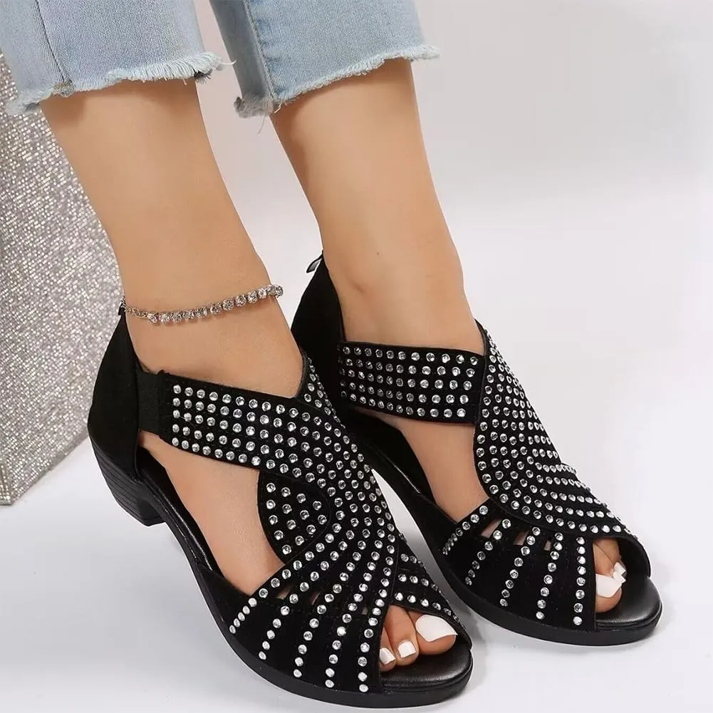 Glow Step Orthopedic Low Heel Cut-Out Sandals, Sparkly Rhinestone Sandals For Women, Open Toe Fashion Dress Shoes