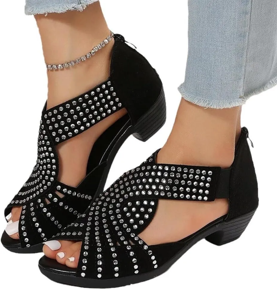 Glow Step Orthopedic Low Heel Cut-Out Sandals, Sparkly Rhinestone Sandals For Women, Open Toe Fashion Dress Shoes