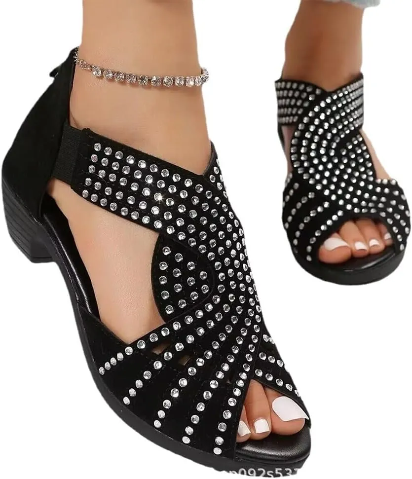 Glow Step Orthopedic Low Heel Cut-Out Sandals, Sparkly Rhinestone Sandals For Women, Open Toe Fashion Dress Shoes