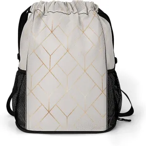 Gold Geometric Hexagonal Tiles Drawstring Gym Backpack Sports Travel Daypack Sackpack Pockets String Cinch Bag for Men & Women