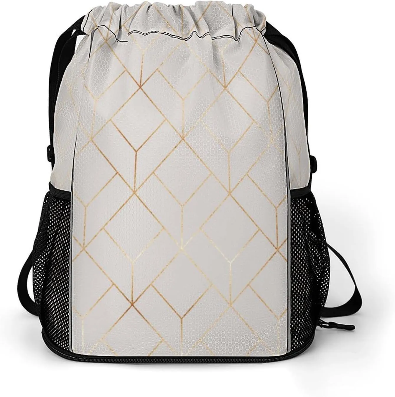 Gold Geometric Hexagonal Tiles Drawstring Gym Backpack Sports Travel Daypack Sackpack Pockets String Cinch Bag for Men & Women
