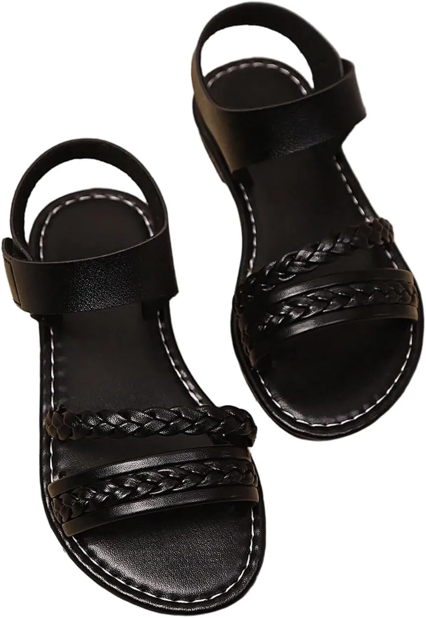 GORGLITTER Girl's Briaded Sandals Round Open Toe Ankle Strap Flat Dress Shoes