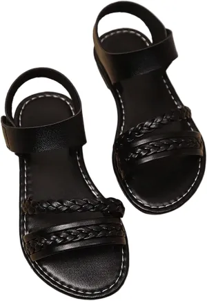 GORGLITTER Girl's Briaded Sandals Round Open Toe Ankle Strap Flat Dress Shoes
