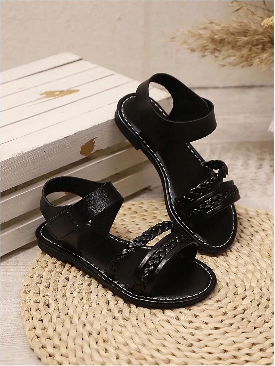 GORGLITTER Girl's Briaded Sandals Round Open Toe Ankle Strap Flat Dress Shoes