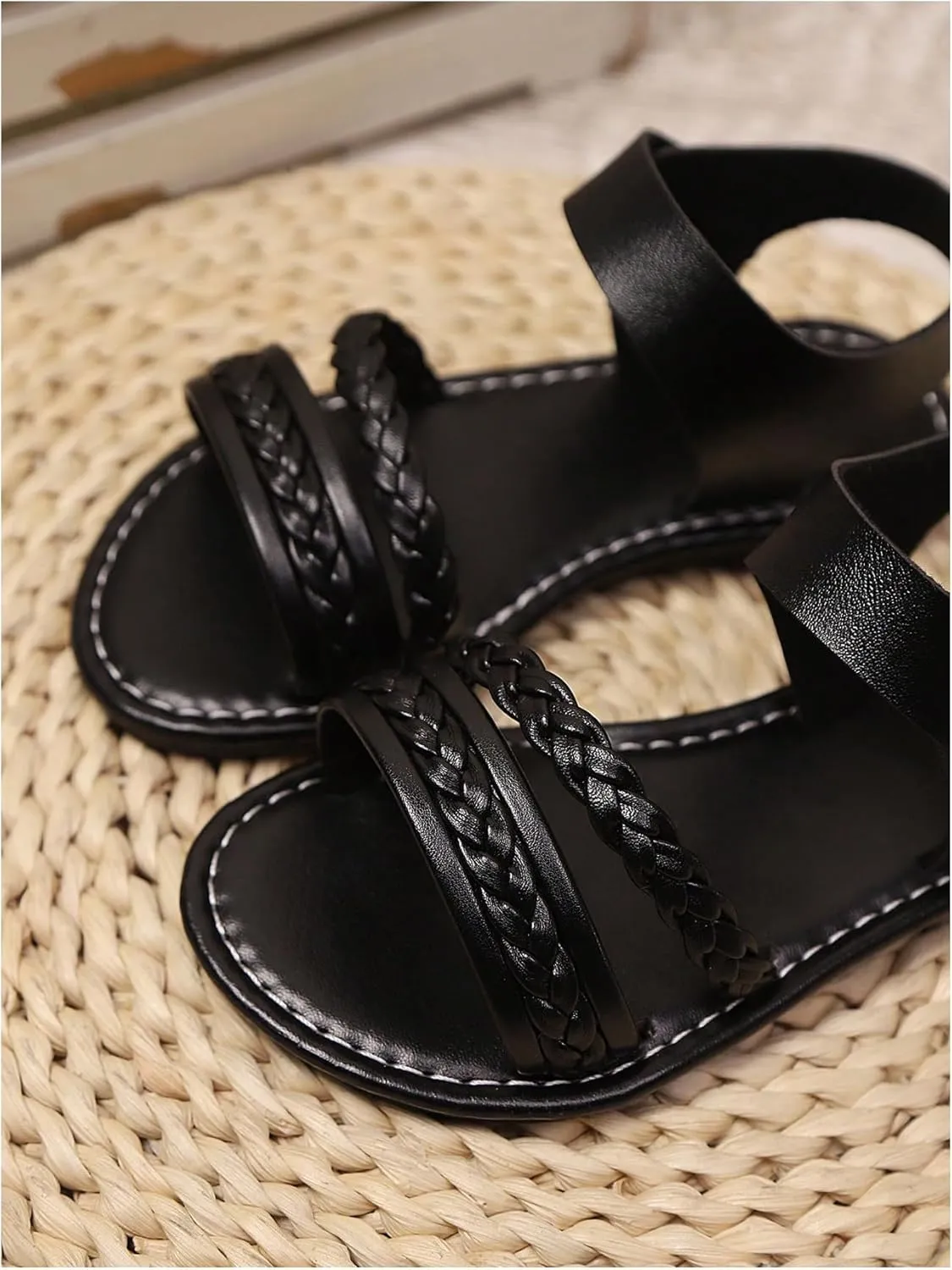 GORGLITTER Girl's Briaded Sandals Round Open Toe Ankle Strap Flat Dress Shoes