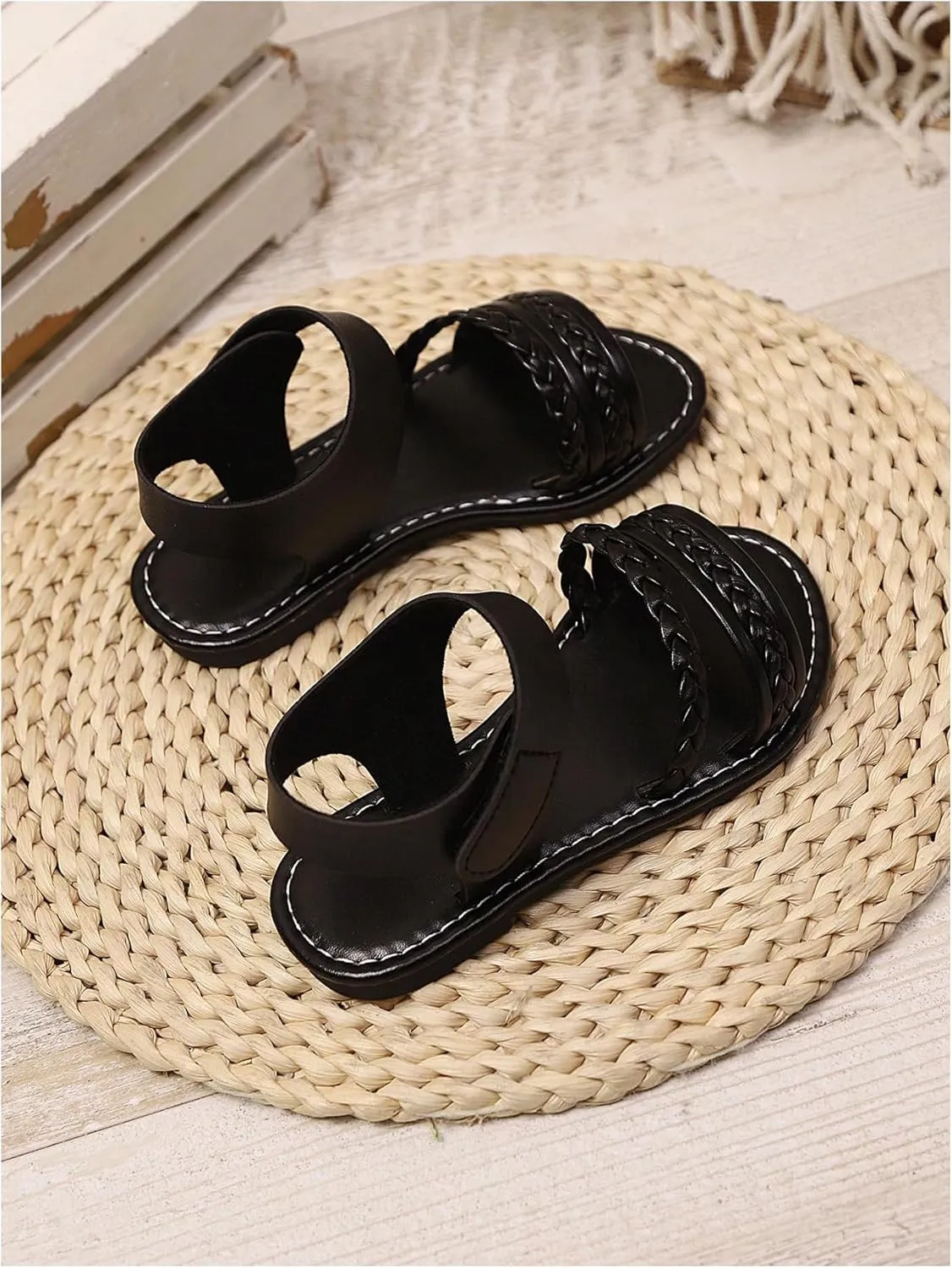 GORGLITTER Girl's Briaded Sandals Round Open Toe Ankle Strap Flat Dress Shoes