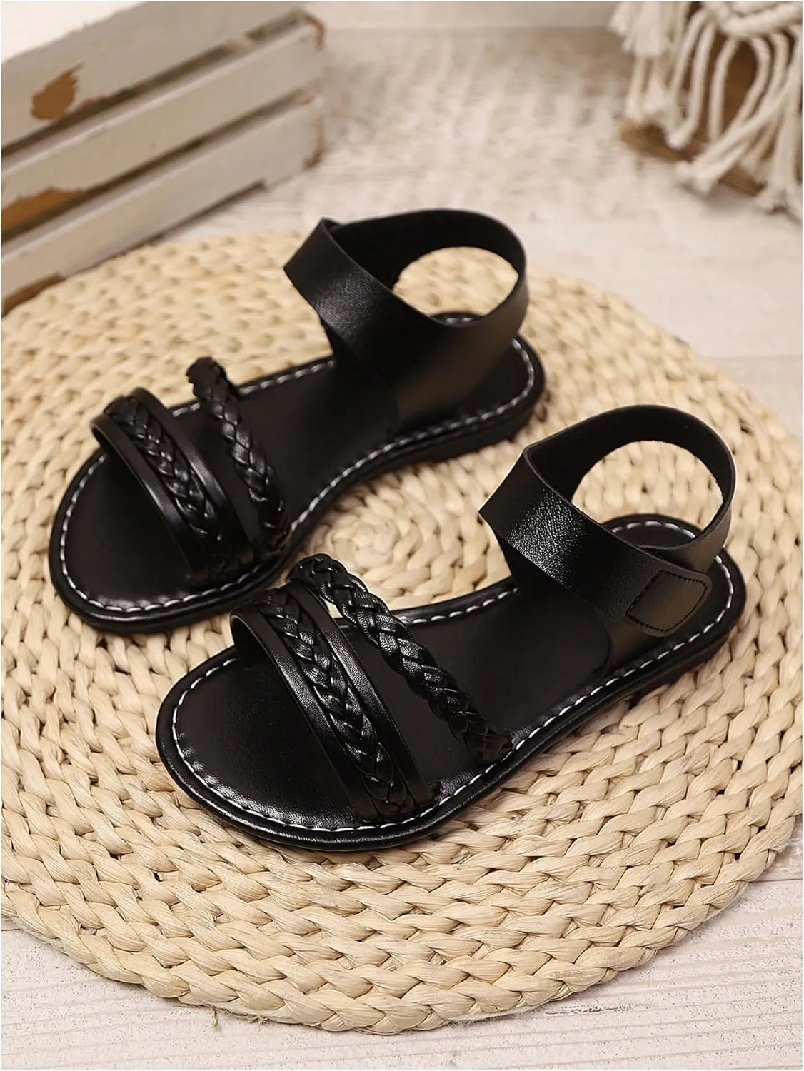 GORGLITTER Girl's Briaded Sandals Round Open Toe Ankle Strap Flat Dress Shoes
