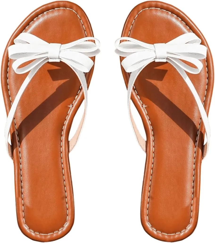 GORGLITTER Women's Bow Flat Sandals Strappy Open Toe Dressy Fancy Flip Flops Slide Sandals