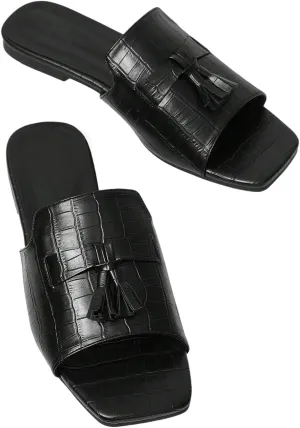 GORGLITTER Women's Flat Crocodile Embossed Tassel Decor Sandals 2025 Square Open Toe Dressy Slides