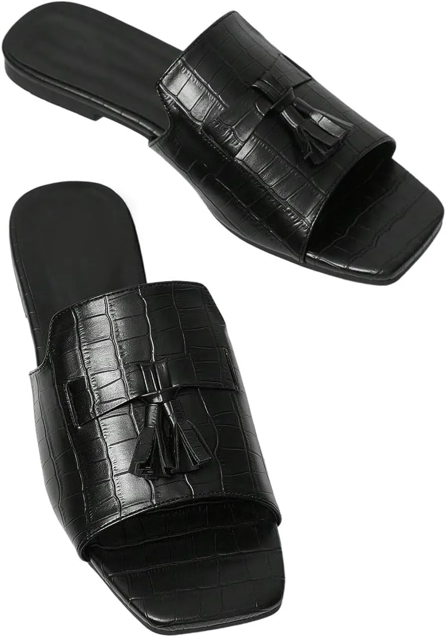 GORGLITTER Women's Flat Crocodile Embossed Tassel Decor Sandals 2025 Square Open Toe Dressy Slides