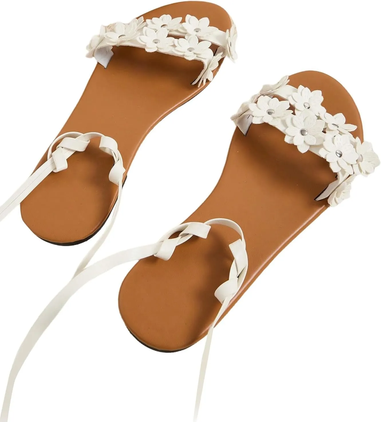 GORGLITTER Women's Flower Lace Up Sandals Floral Open Toe Strappy Tie Up Flat Sandals