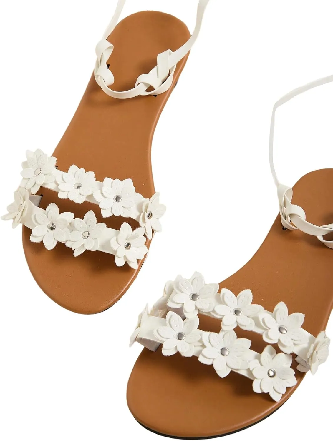 GORGLITTER Women's Flower Lace Up Sandals Floral Open Toe Strappy Tie Up Flat Sandals