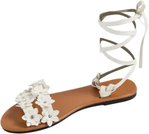 GORGLITTER Women's Flower Lace Up Sandals Floral Open Toe Strappy Tie Up Flat Sandals