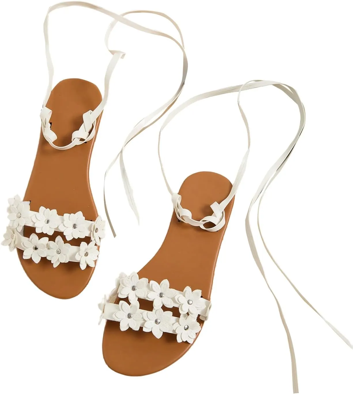 GORGLITTER Women's Flower Lace Up Sandals Floral Open Toe Strappy Tie Up Flat Sandals