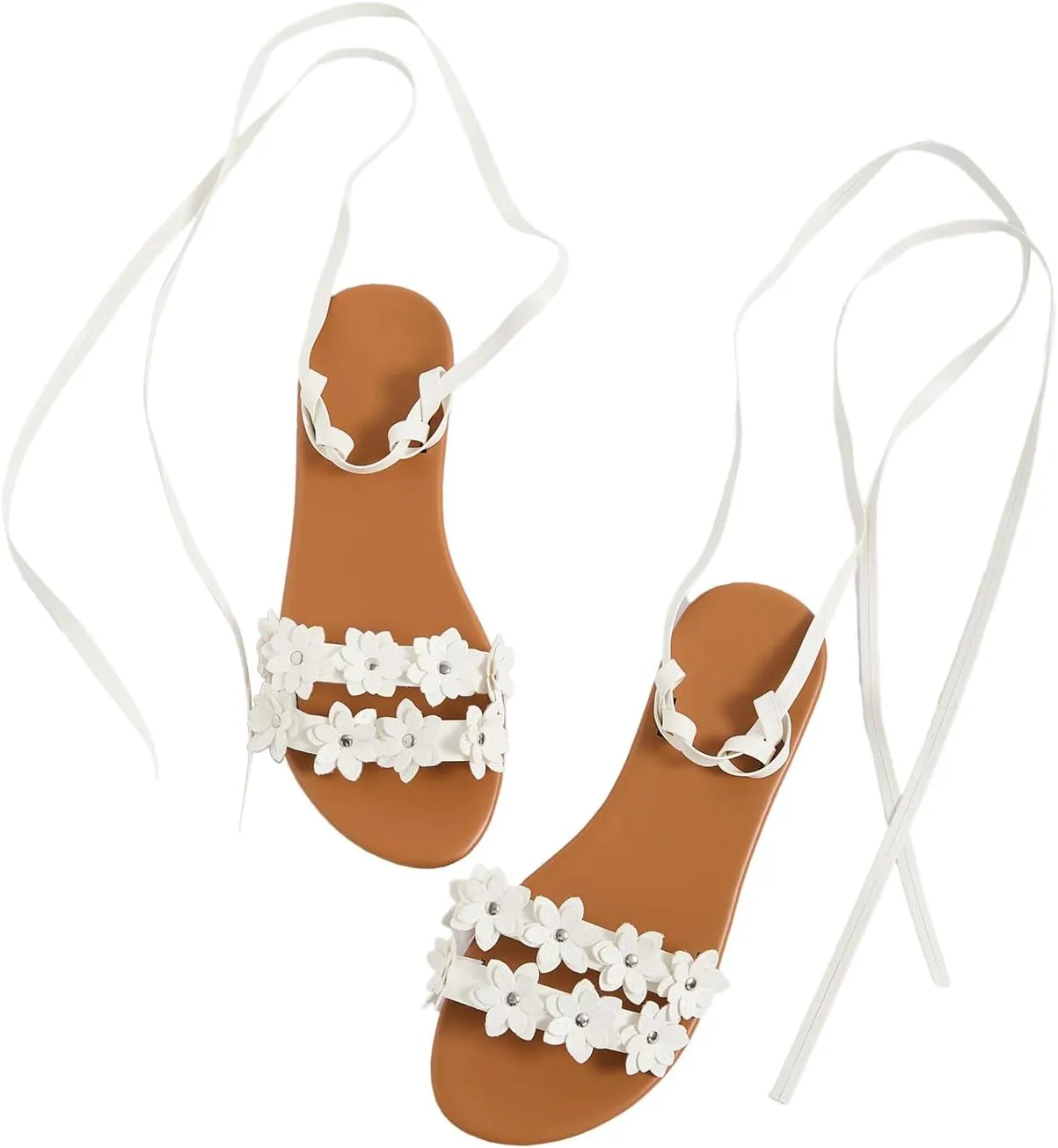 GORGLITTER Women's Flower Lace Up Sandals Floral Open Toe Strappy Tie Up Flat Sandals
