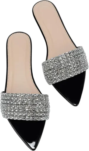 GORGLITTER Women's Rhinestone Sandals Sparkly Pointed Open Toe Dressy Summer Flat Sandals