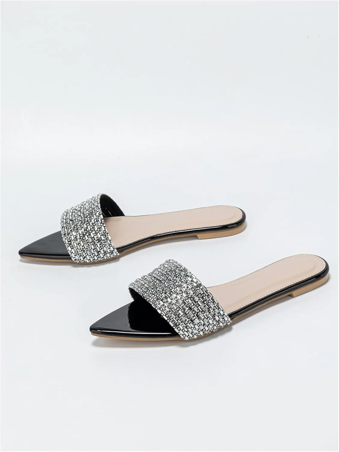 GORGLITTER Women's Rhinestone Sandals Sparkly Pointed Open Toe Dressy Summer Flat Sandals