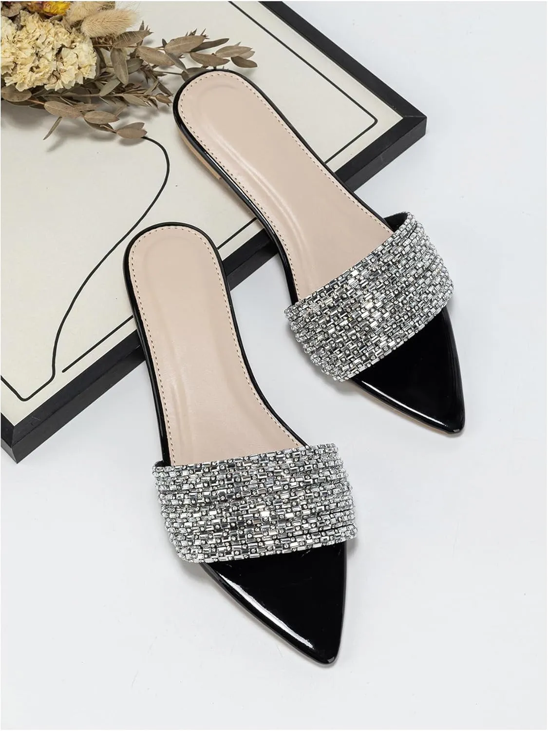 GORGLITTER Women's Rhinestone Sandals Sparkly Pointed Open Toe Dressy Summer Flat Sandals