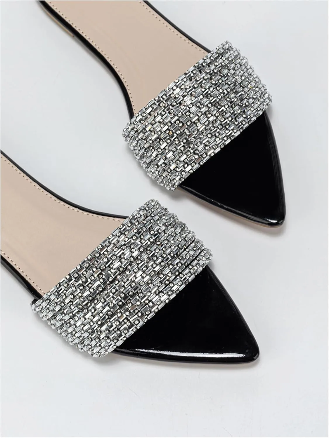 GORGLITTER Women's Rhinestone Sandals Sparkly Pointed Open Toe Dressy Summer Flat Sandals