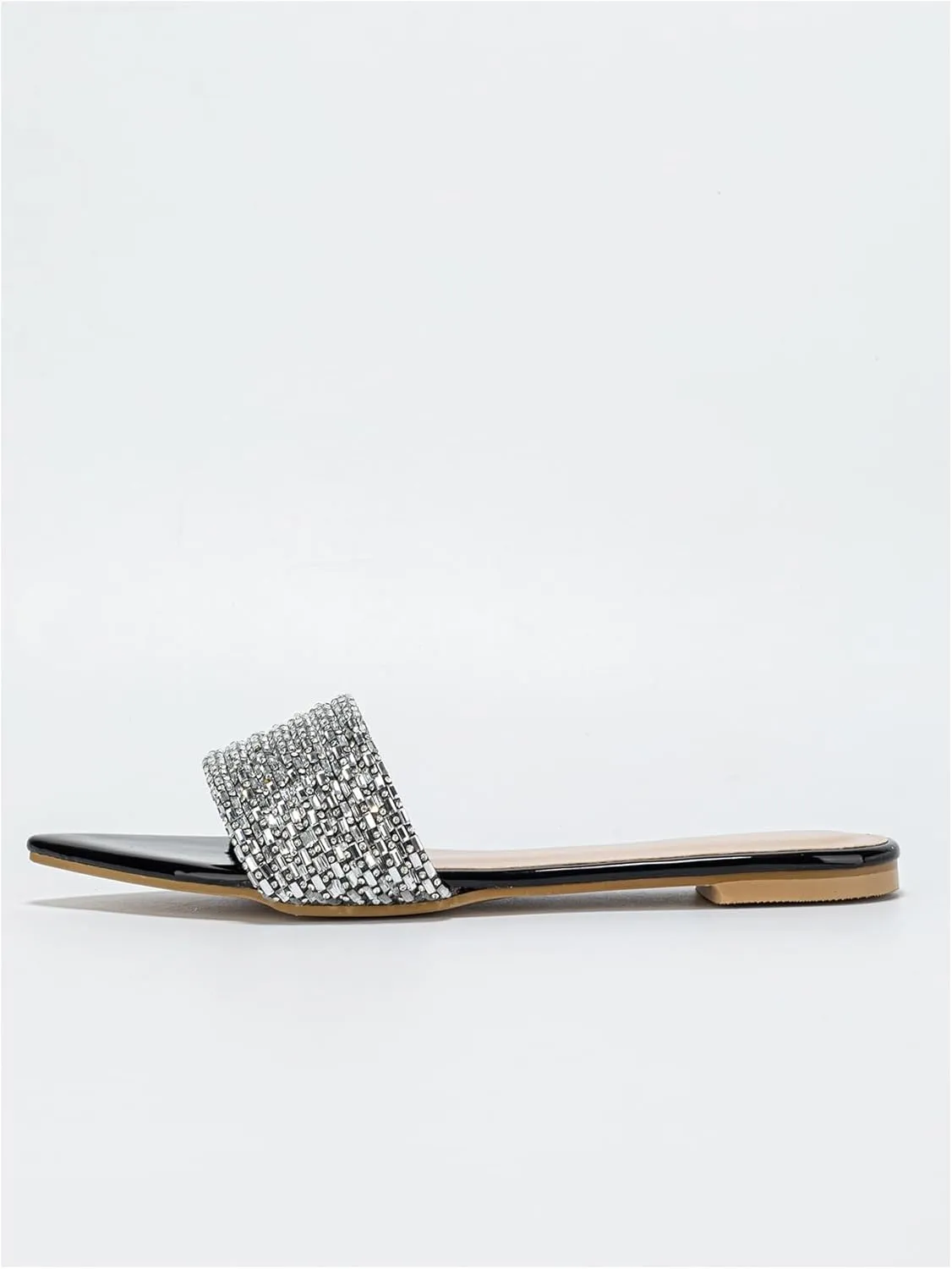 GORGLITTER Women's Rhinestone Sandals Sparkly Pointed Open Toe Dressy Summer Flat Sandals